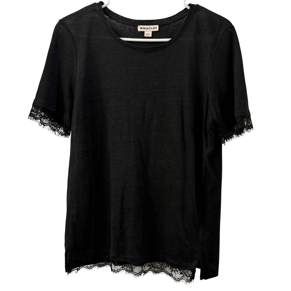 Whistles‎ Black 100% Linen Lace Trim Short Sleeve T-Shirt Top US 8 UK 12 EU 40